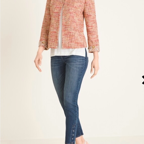 Chico’s 2 Embellished Coral Tweed Jacket Pearls and Beads - Picture 3 of 6